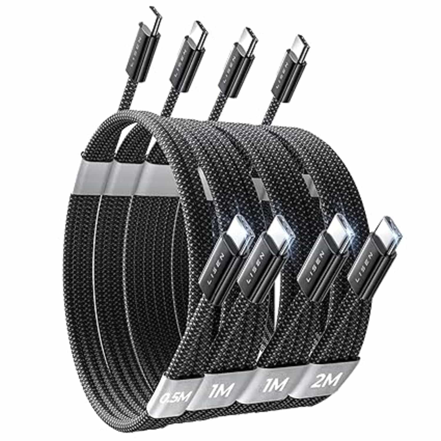 LISEN 60W USB-C naar USB-C kabels, 4-pack met 0,5 m tot 2 m, PD 3.0