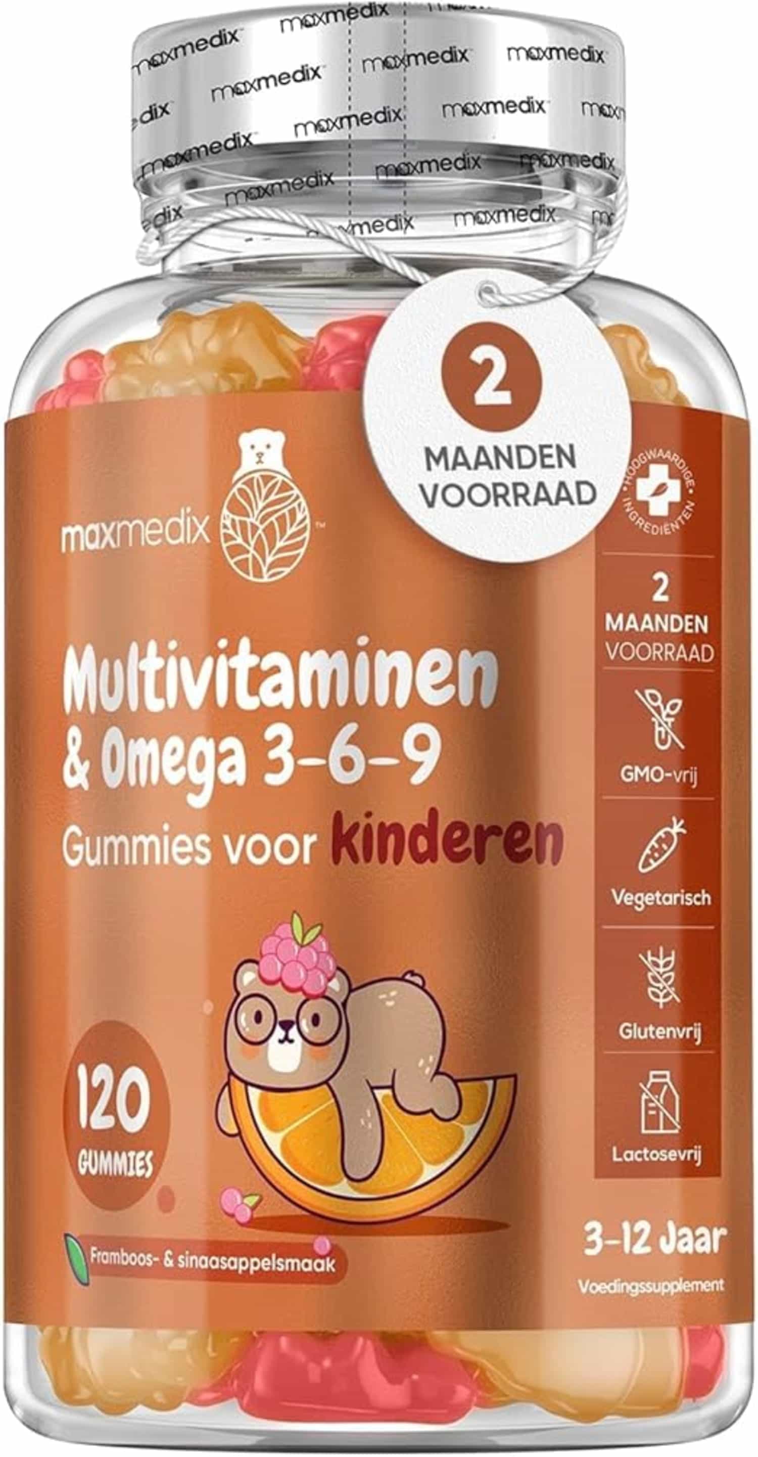 Multivitamine Gummies voor kinderen met 17 vitaminen en omegas, 120 stuks, 2 maanden, framboos-sinaasappel