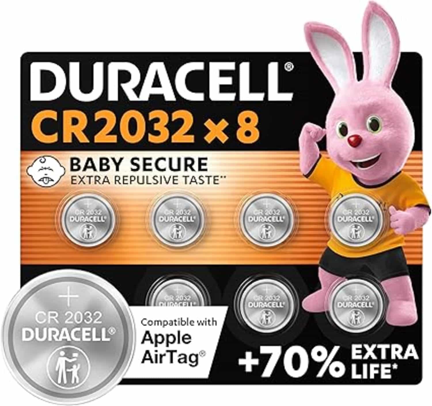 Duracell CR2032 3V batterijen, 8 stuks tot 70% langer, babyveilige technologie, voor Apple AirTag