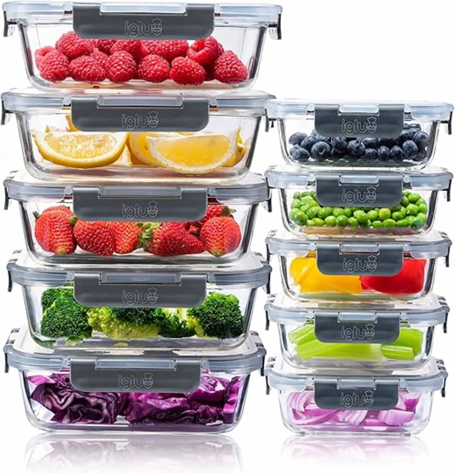 Igluu Meal Prep Glazen Bewaarbakjes met Deksels, Luchtdicht en BPA-vrij, 370 ml en 1050 ml