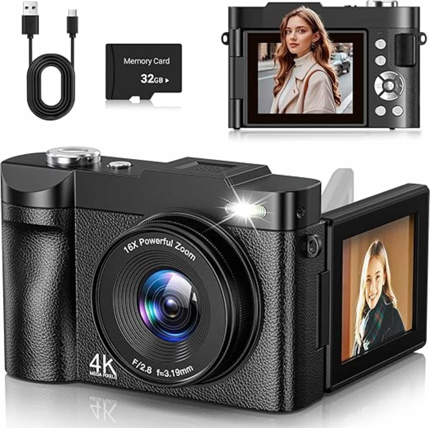 4K camera met 50MP autofocus, 16x zoom, 2,8'' flip-scherm en 32GB kaart