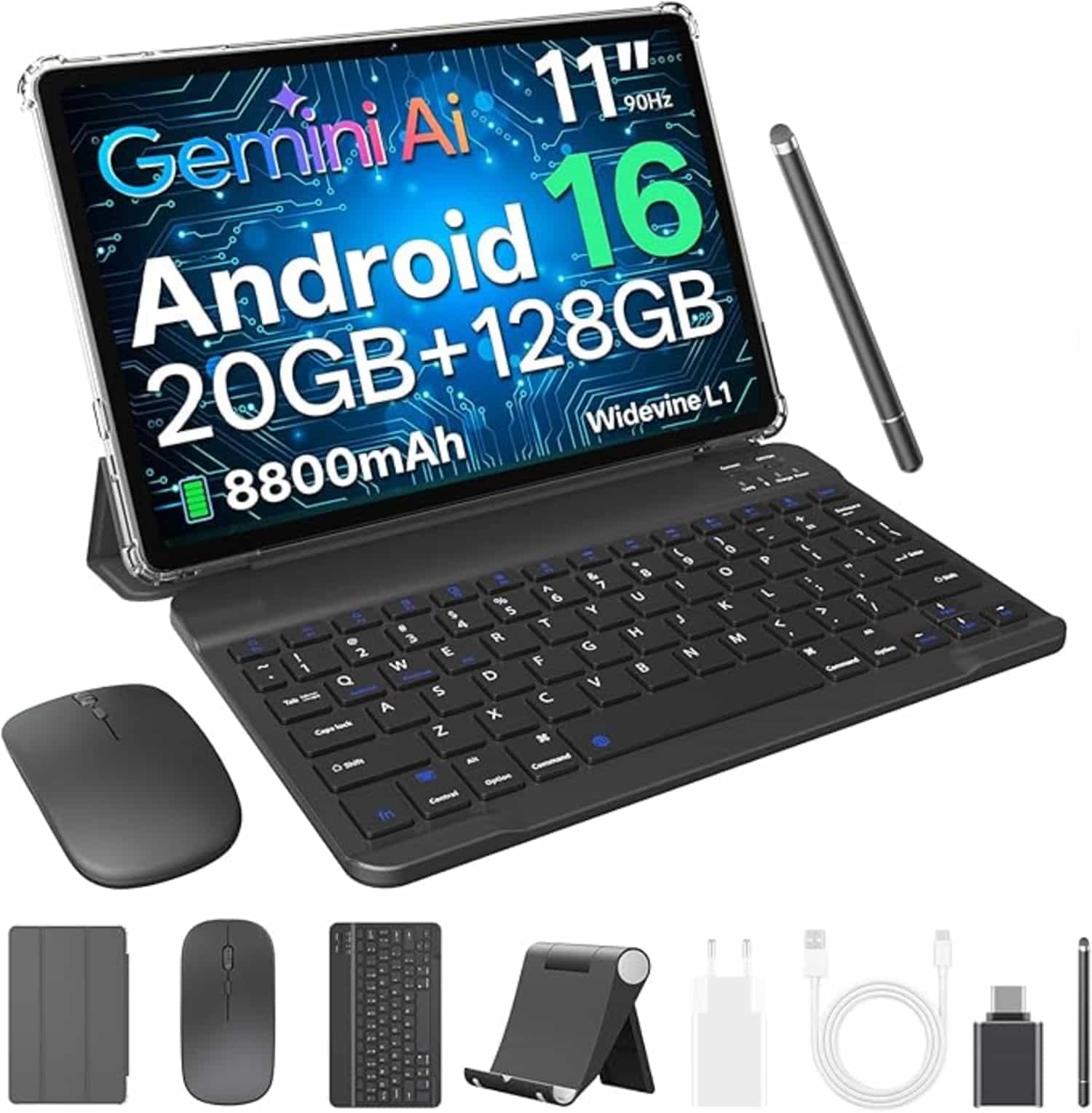 11 inch Android tablet met toetsenbord, pen, muis en hoes; 20 GB RAM, 128GB ROM