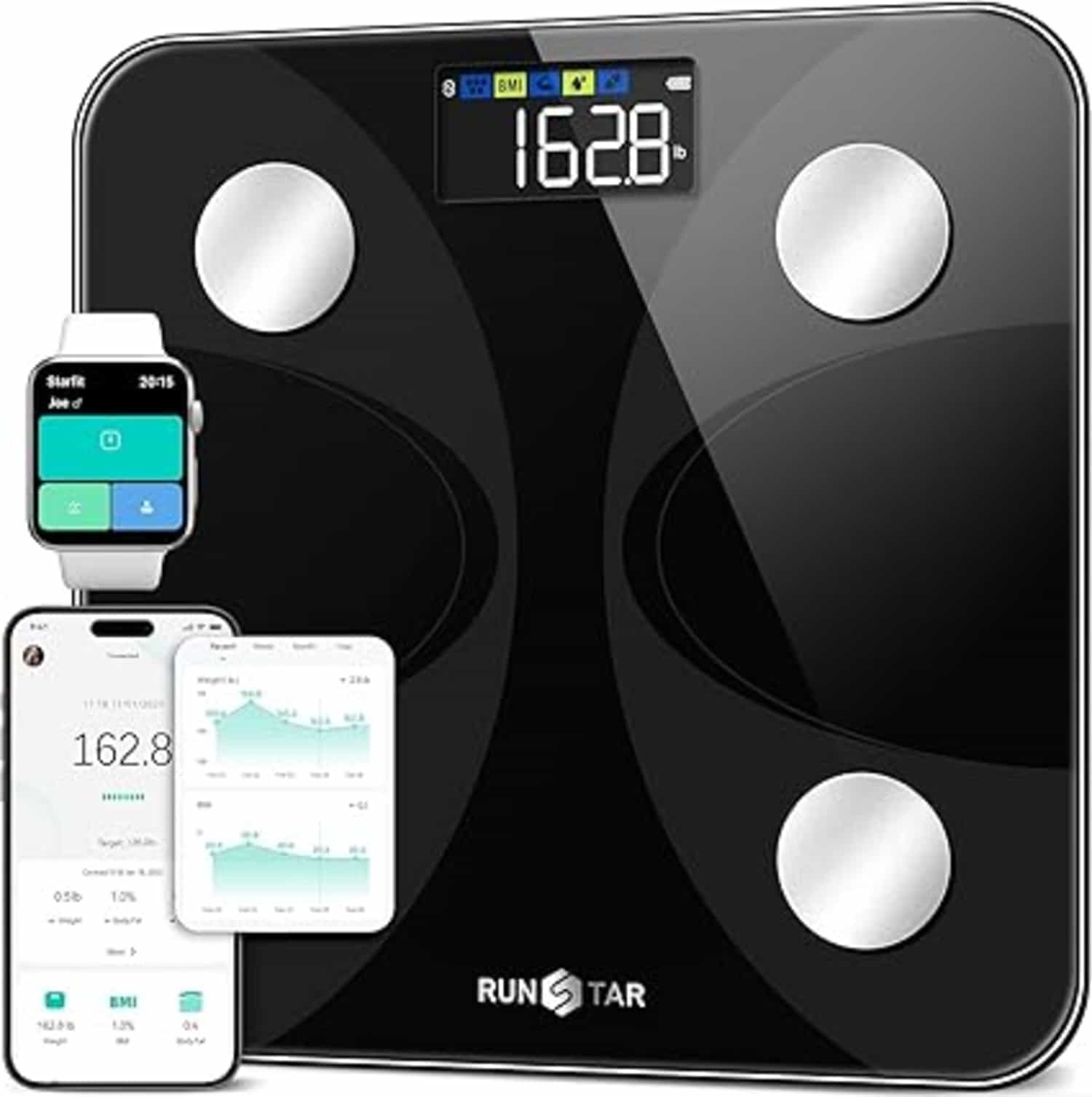RunSTAR weegschaal: gewicht en vetmassa, hoge precisie, display, app-verbonden, 13 metingen, max 180 kg, zwart