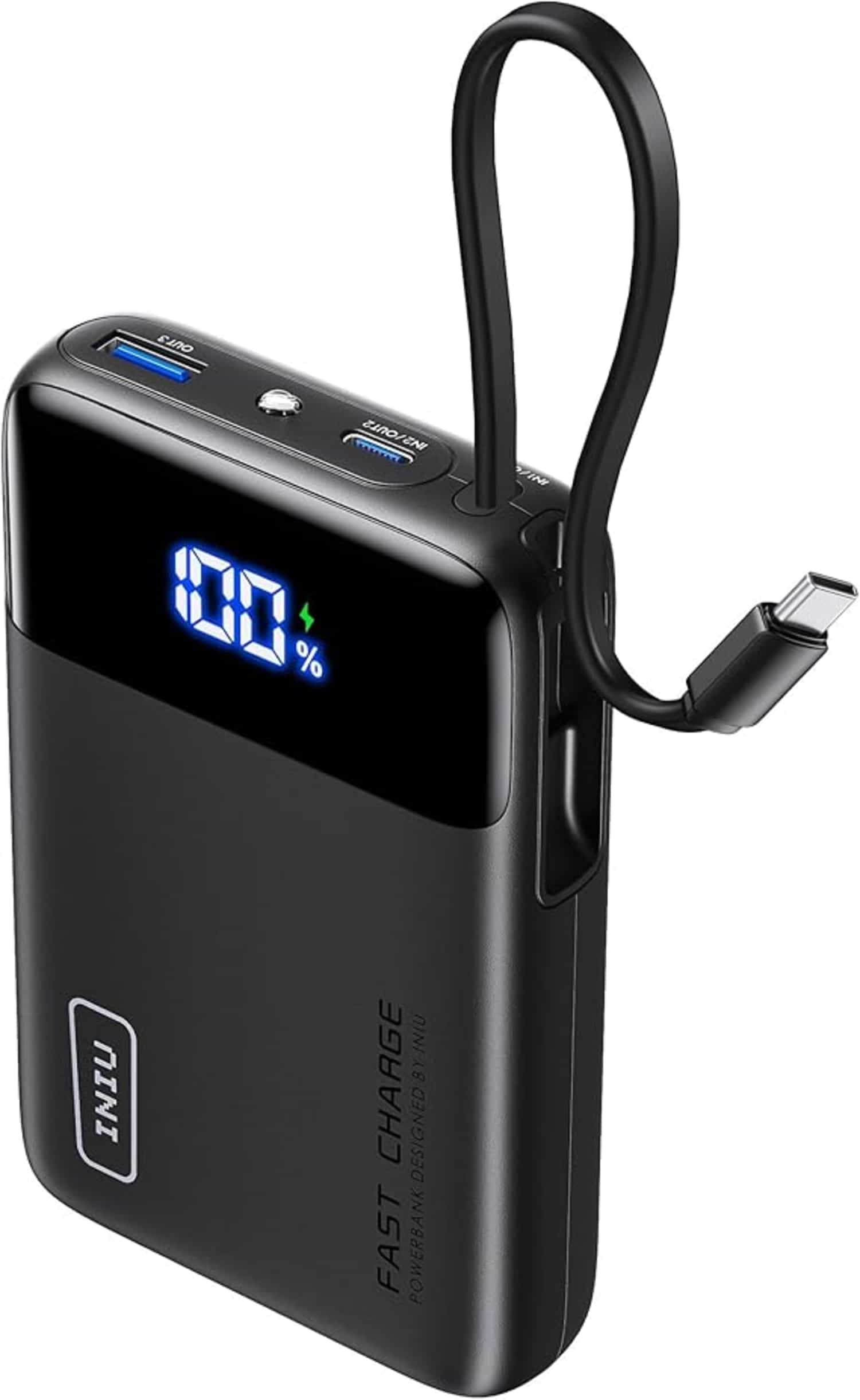 INIU 20000mAh powerbank met ingebouwde USB-C kabel, 45W PD3.0/QC4.0, Klein maar krachtig