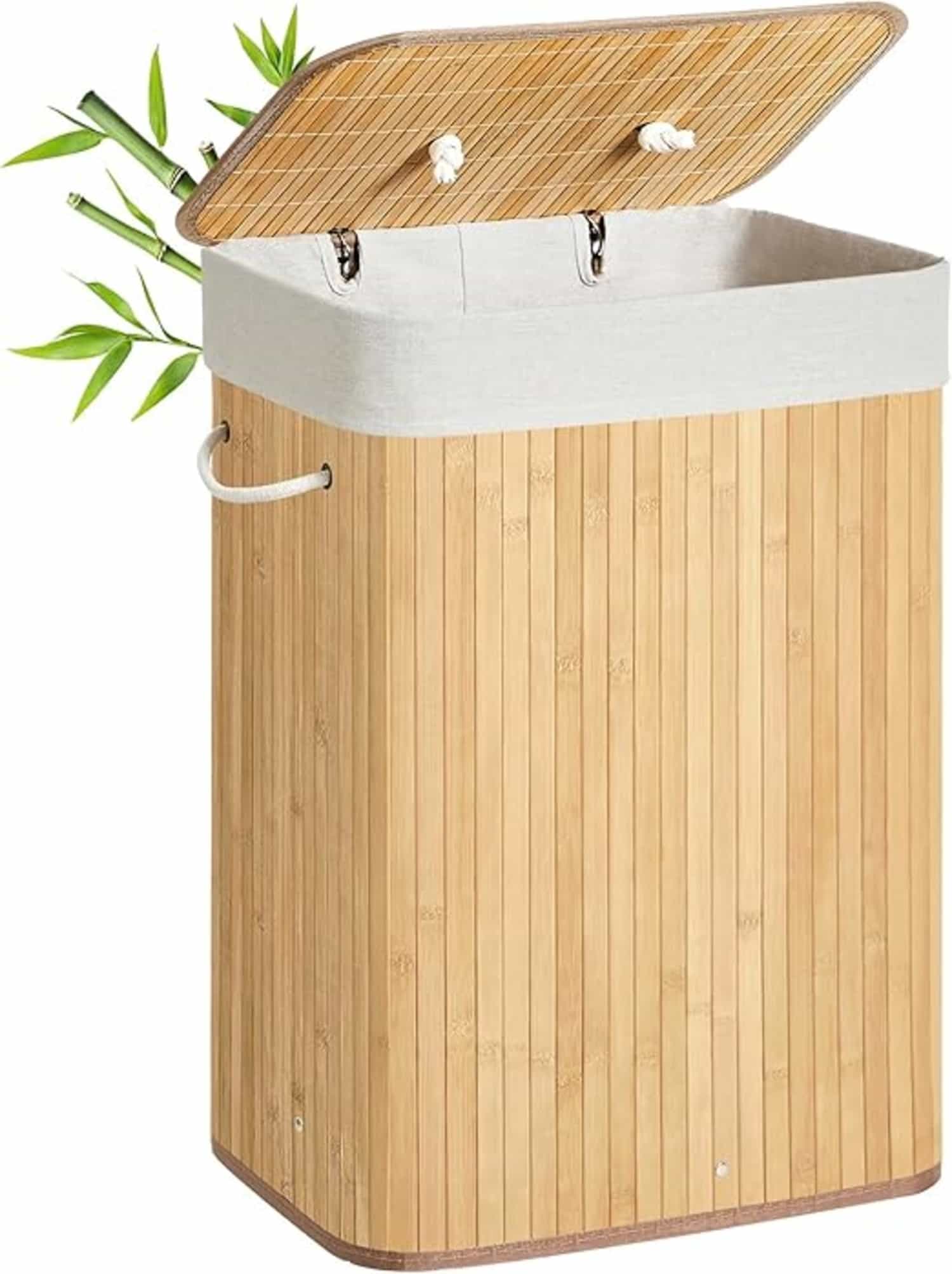 SONGMICS bamboe wasmand met opvouwbare deksel en katoenen zak – 72 L, beige, LCB10Y