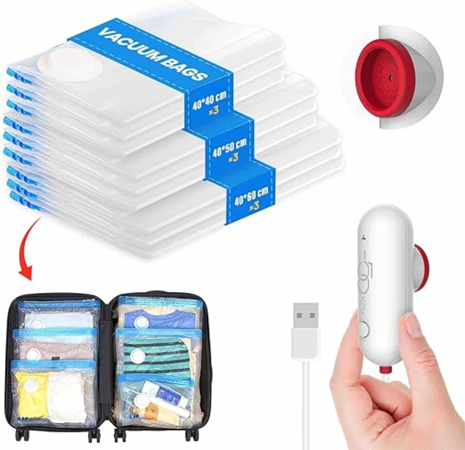 Vacuüm opbergzakken voor kleding met USB pomp, 9-pack, waterdicht en herbruikbaar