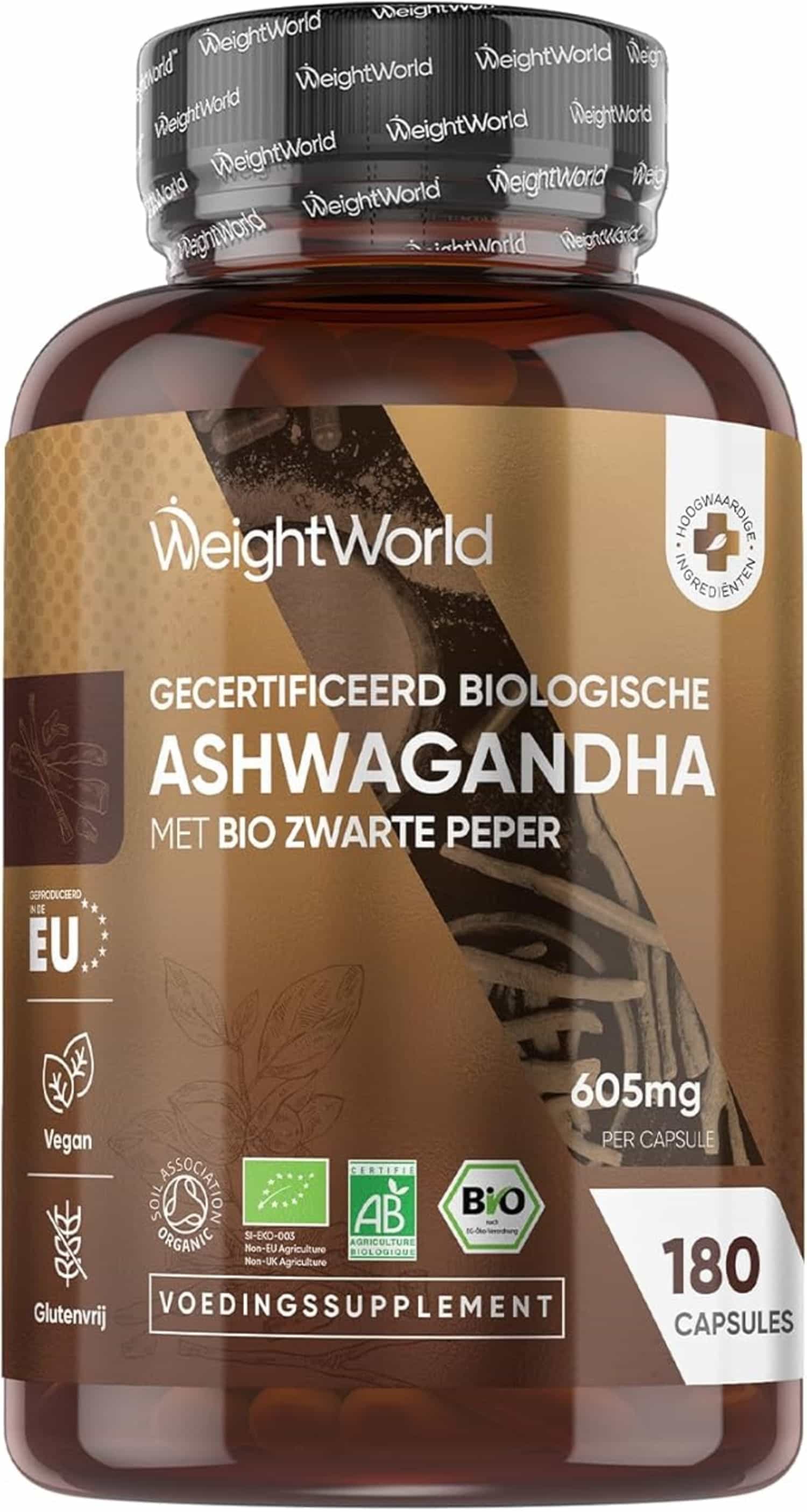 Biologische Ashwagandha capsules 605 mg met zwarte peper, 180 vegan capsules, EU-geproduceerd
