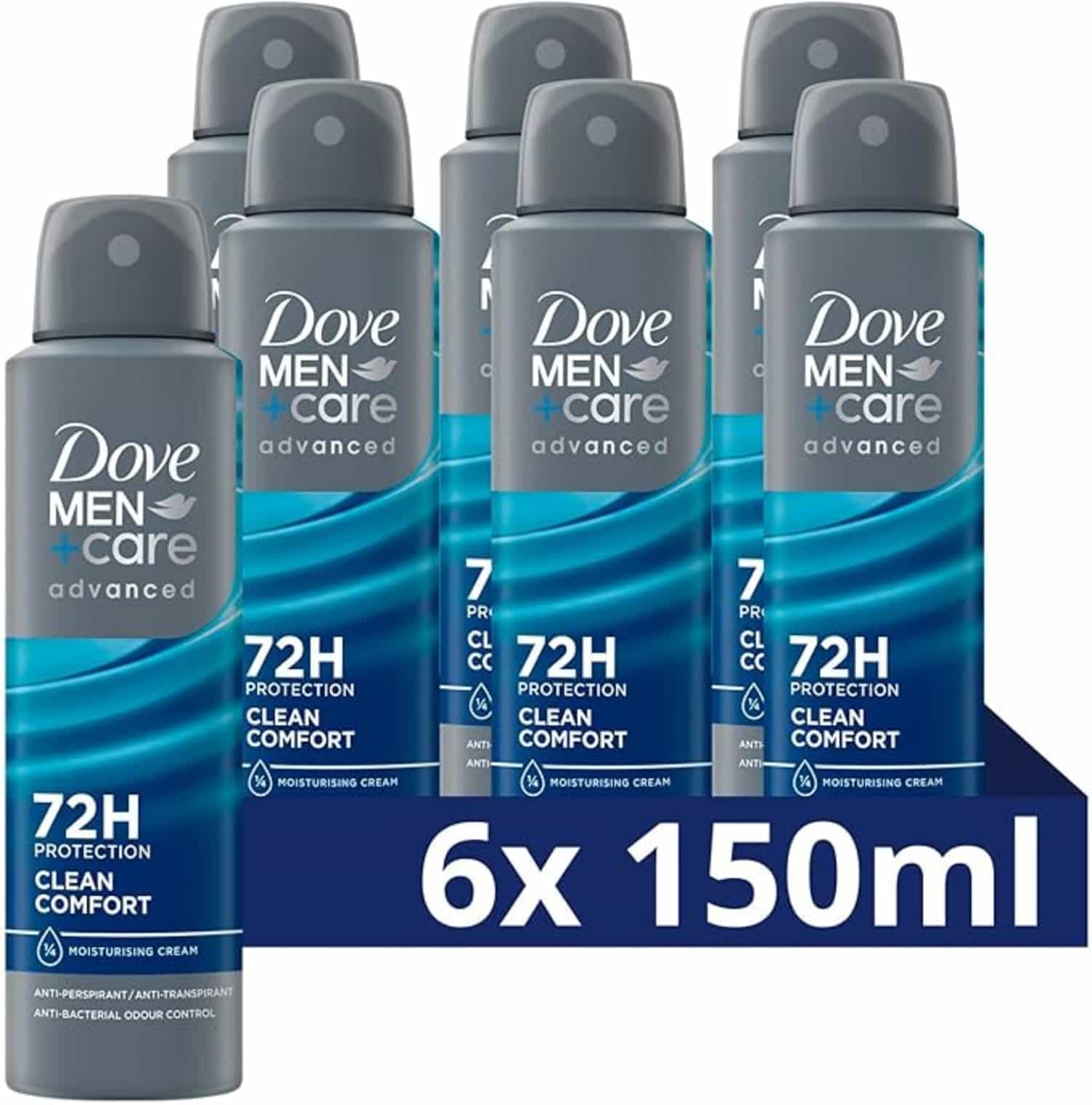 Dove Men+Care Advanced Clean Comfort anti-transpirant deodorant spray, 72 uur bescherming, 6x150 ml voordeelverpakking
