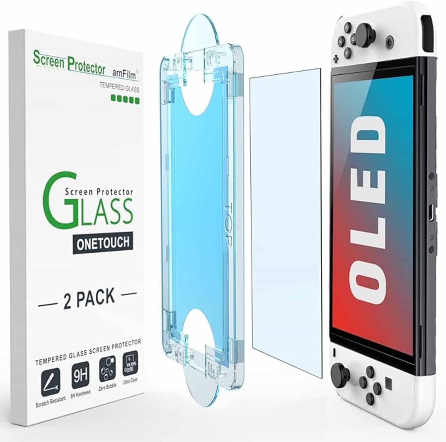amFilm OneTouch Glas Screenprotector voor Nintendo Switch OLED Model 2021 met Auto Alignment Kit 2-pack