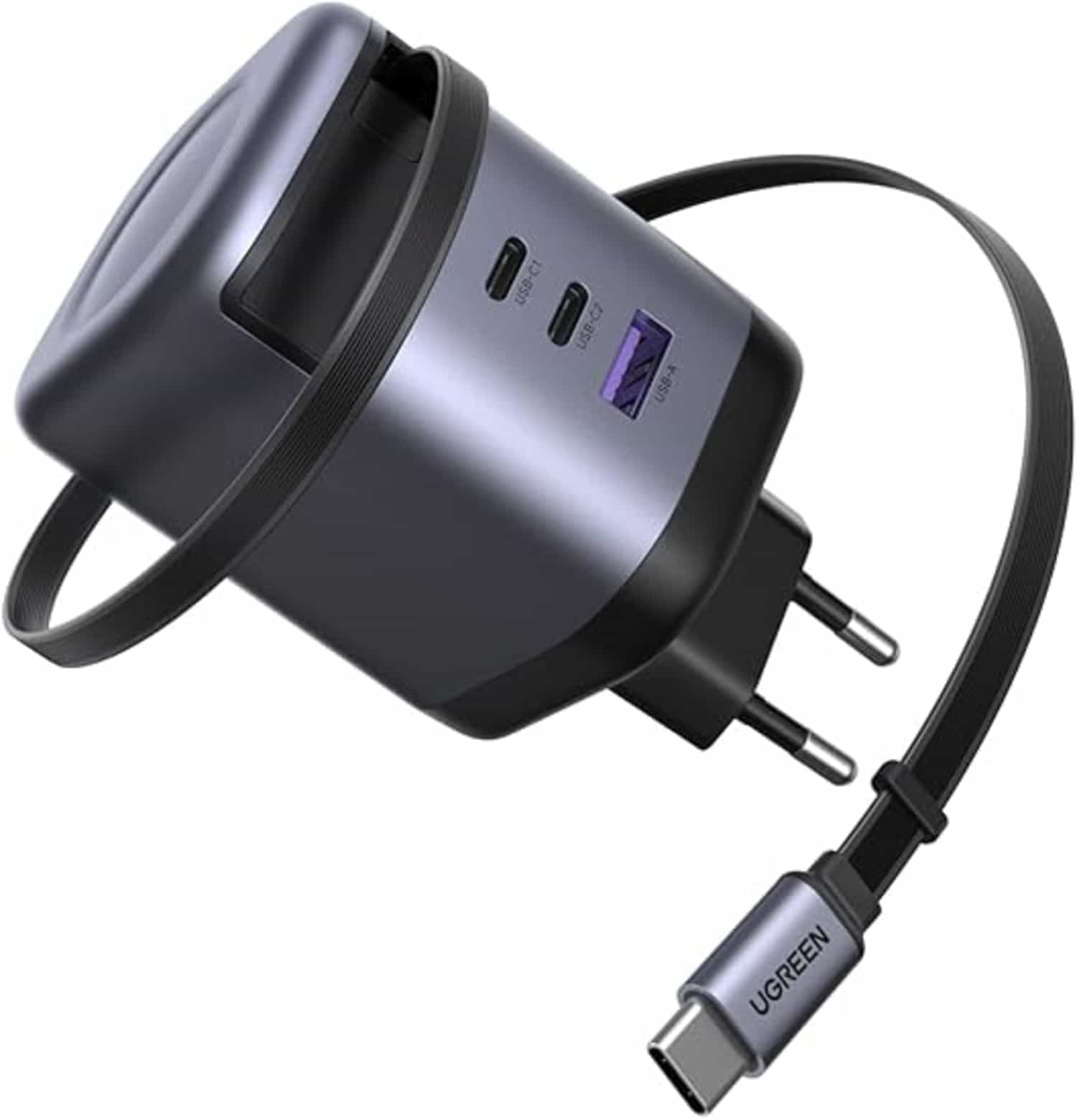 UGREEN Nexode 100W USB-C-lader met intrekbare kabel, GaN en 4 poorten, compatibel MacBook/iPhone/iPad