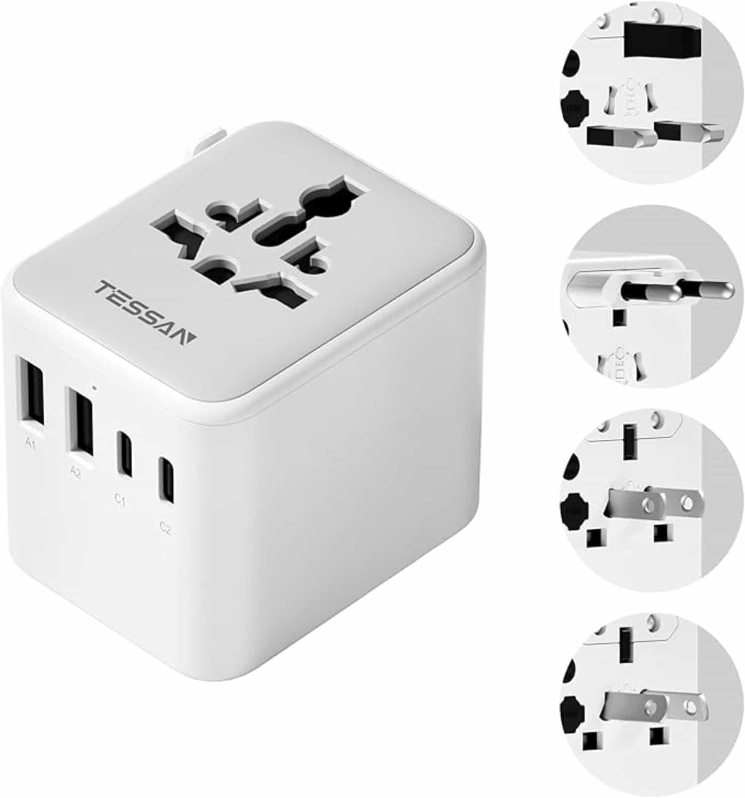 TESSAN Wereldwijde reisadapter met 3 USB-poorten, USB-C en AC-aansluiting