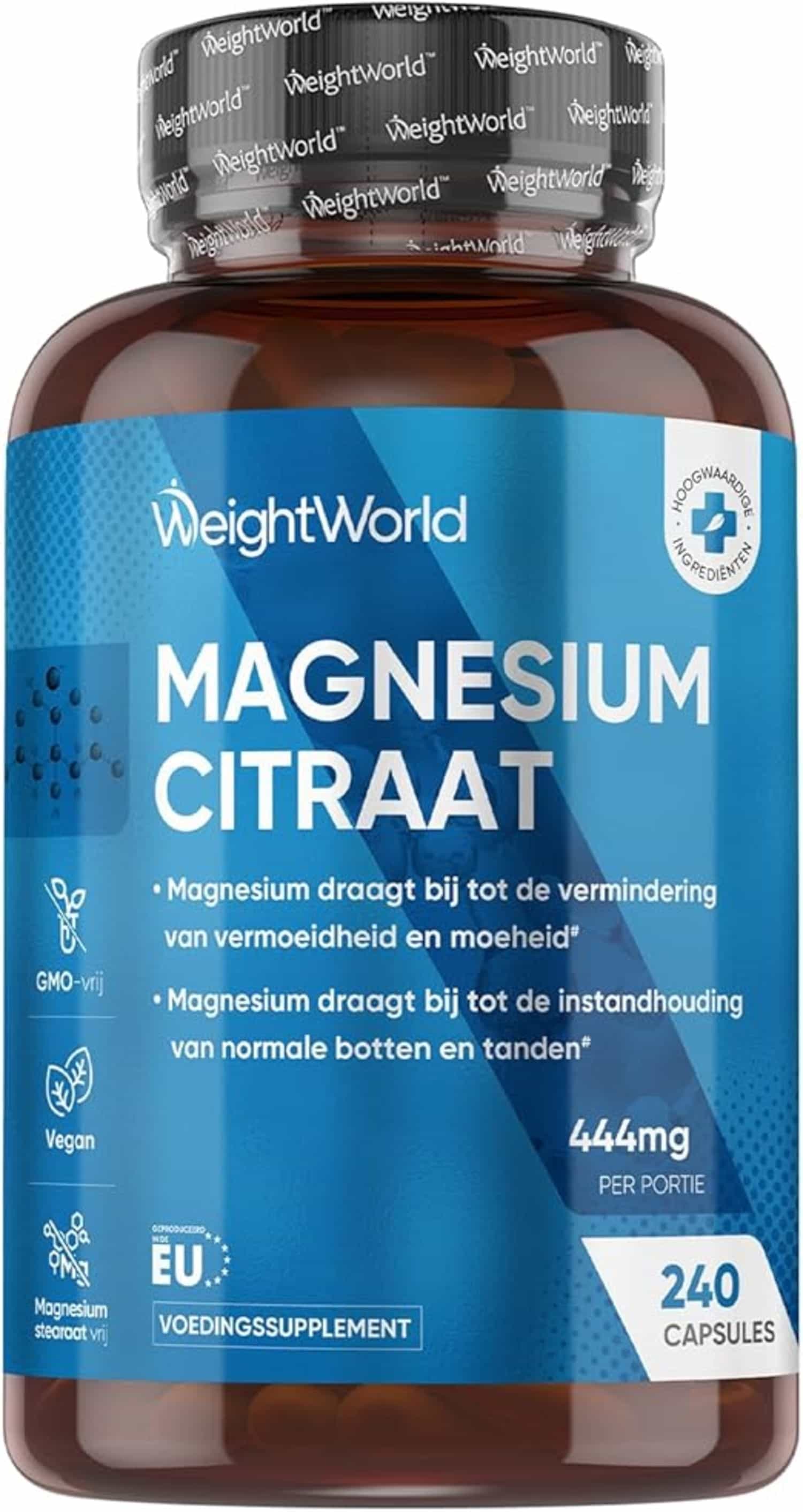 Magnesium Citraat capsules: 444 mg elementair magnesium, 1480 mg per portie, 240 capsules, vegan, EU-geproduceerd
