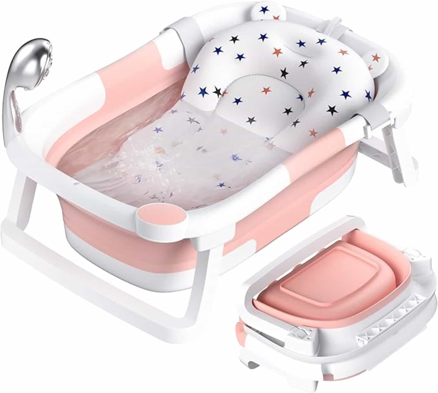 Opvouwbare babybadkuip voor pasgeborenen tot peuters, roze, met antislipmat en afvoergat