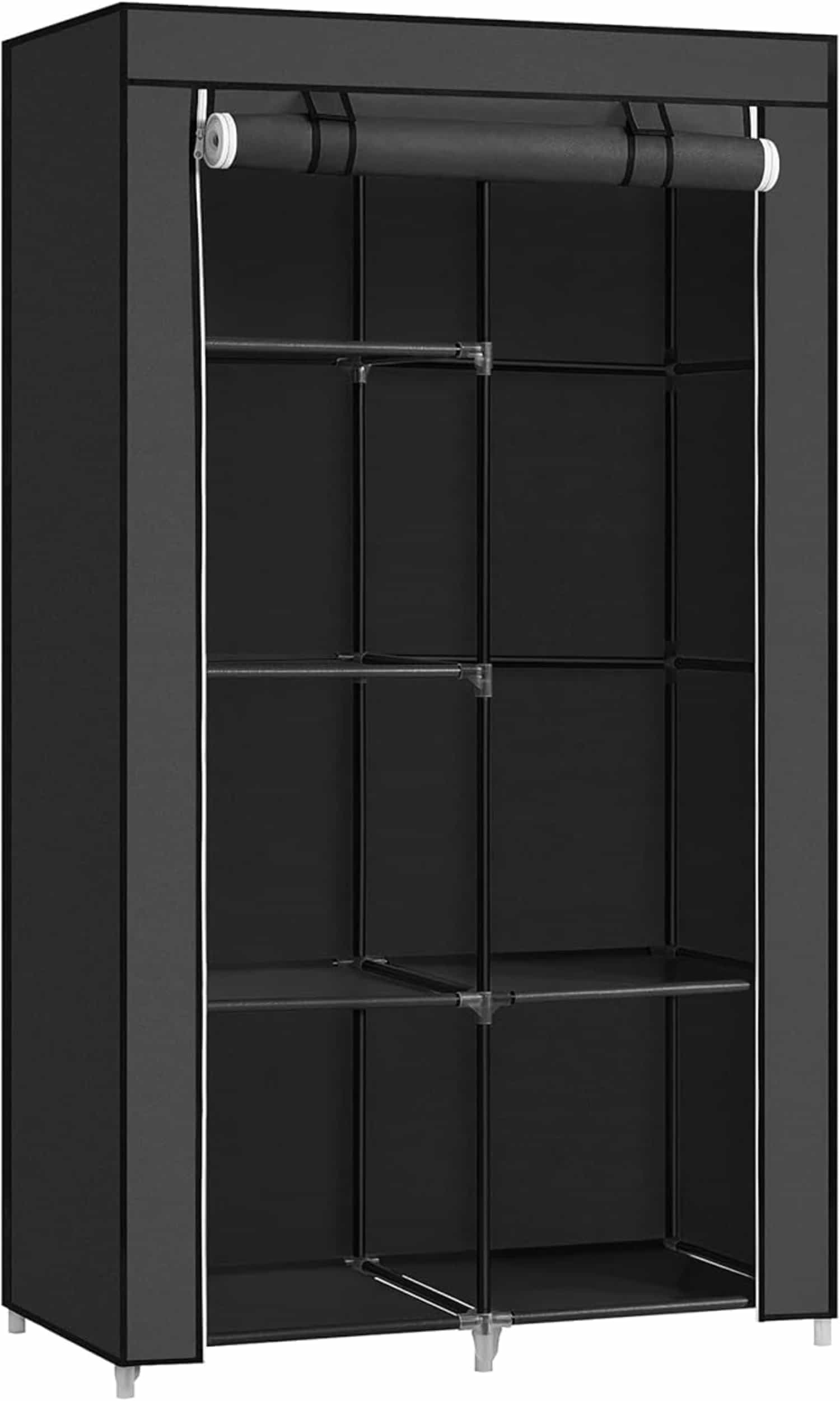SONGMICS Stoffenkast garderobe met 2 kledingrails en 6 legplanken, 88x45x168 cm, zwart RYG84H