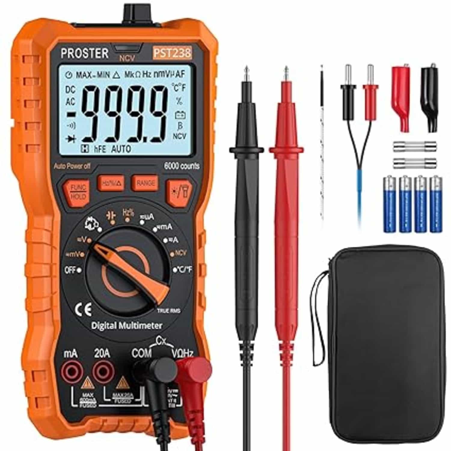 Proster digitale multimeter 6000 NCV TRMS met krokodillenklemmen voor spanningstest en continuïteit