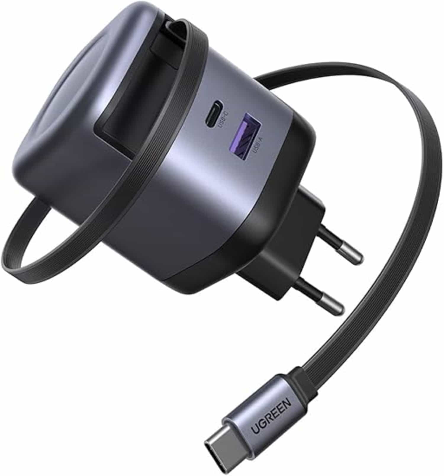 UGREEN Nexode 65W GaN USB-C oplader met intrekbare kabel en 3 poorten