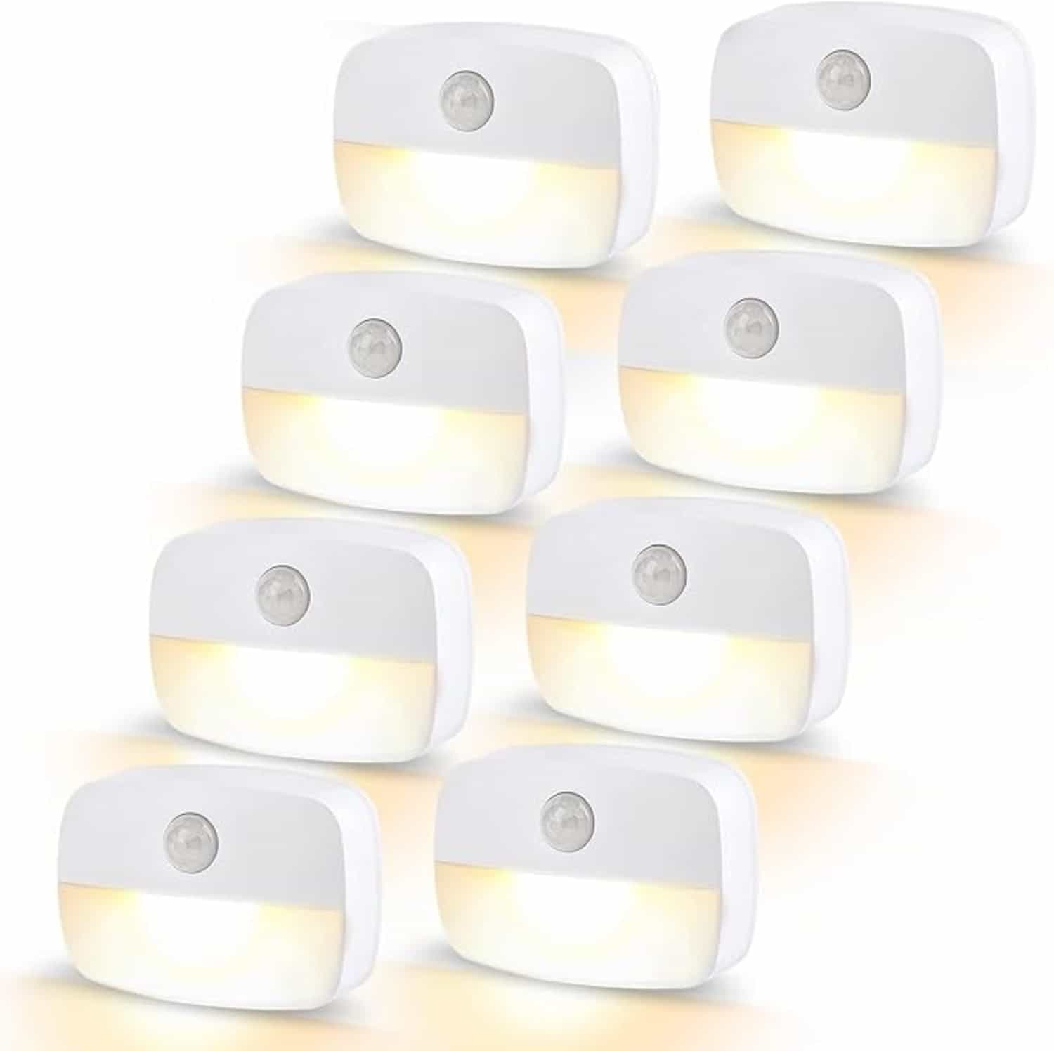 Led-nachtlampje met bewegingsmelder op batterij, binnen en buiten, hal, trappen, badkamer, slaapkamer (warmwit, 8 stuks)