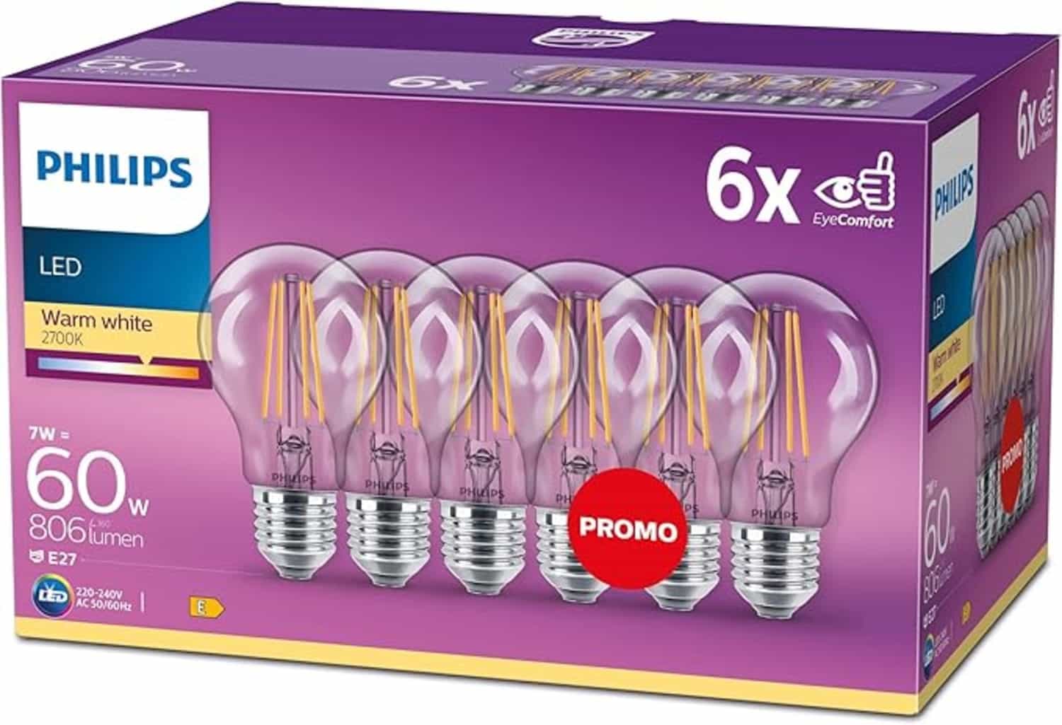 Philips LED-lamp 6-pack, warmwit licht, E27, decoratieve filamentlamp