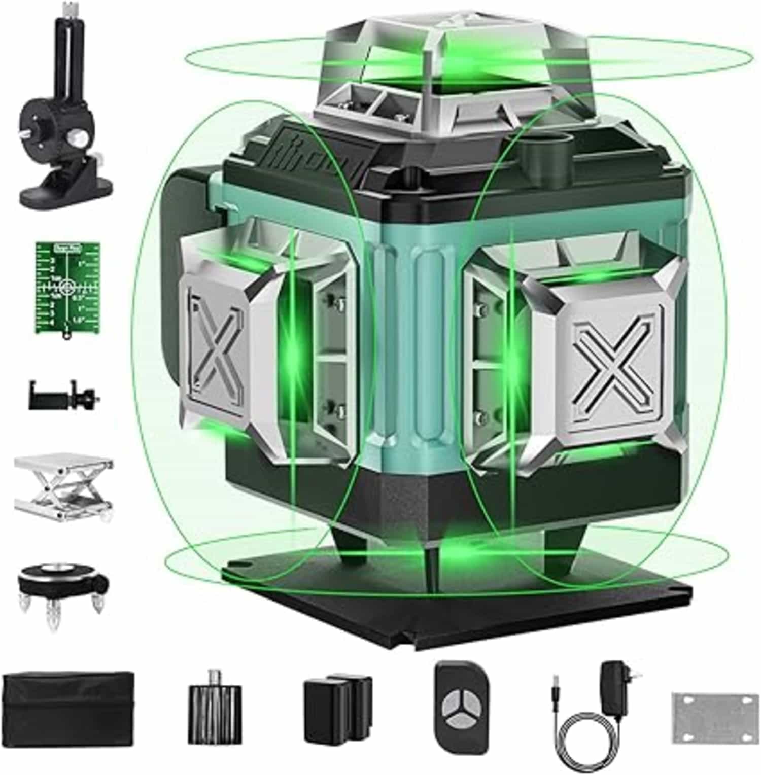 Kruislijnlaser groen: 16 lijnen, 4 x 360°, zelfnivellerend, 2 accu's, afstandsbediening, constructie en uitlijning