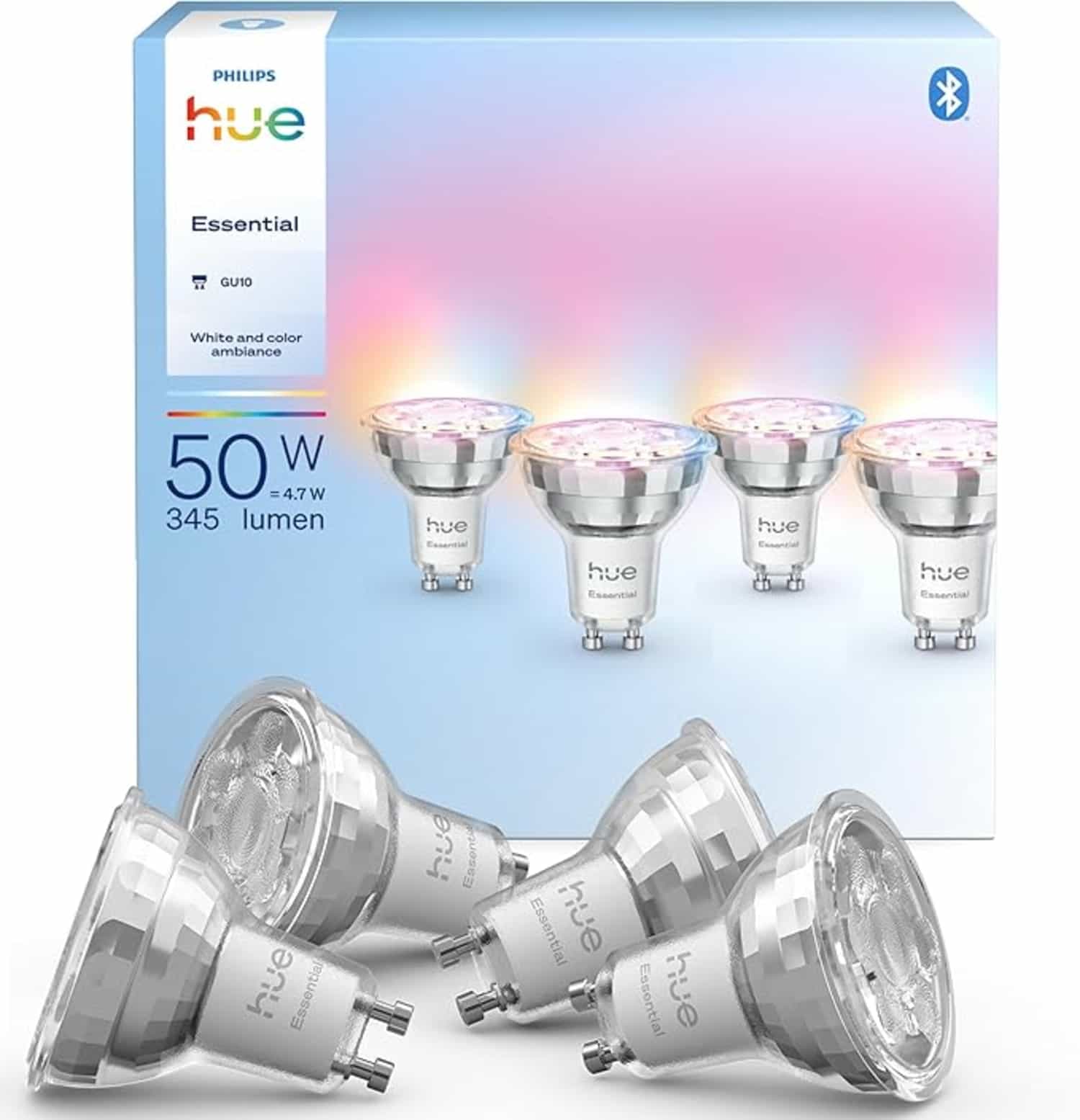 Philips Hue Essential Smart LED GU10 – wit en gekleurd licht, dimbaar, 4 lampen