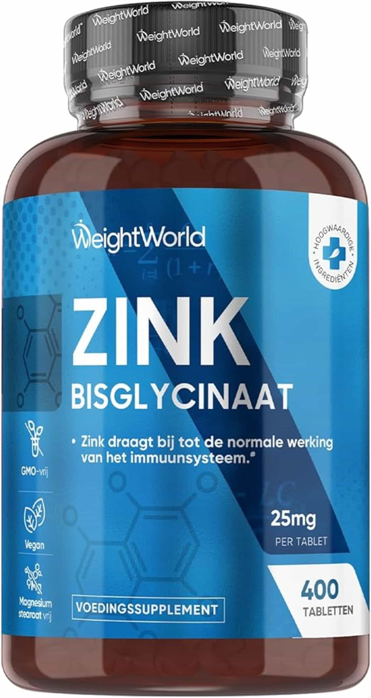 Zink tabletten 25 mg, 400 st., 1 jaar voorraad, bisglycinaat, GMO-vrij, vegan WeightWorld